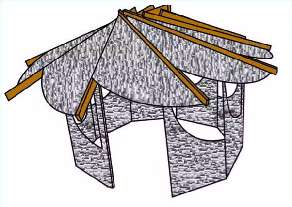Mirrazeebo Illustration of a conceptual gazebo-like structure with a brick pattern. The design features overlapping curved panels and wooden beams forming a complex, artistic roof.