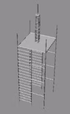 the tower A grayscale image of a partially constructed scaffolding structure. It consists of vertical and horizontal beams, with a focus on the upper section where a smaller, rectangular scaffold is centered. Simple lines and minimal detail signify an architectural layout.