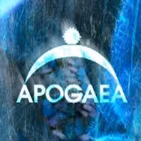 The image features the word APOGAEA in white text against a textured blue background. Above the text, there is a stylized design resembling a sun rising over a horizon.