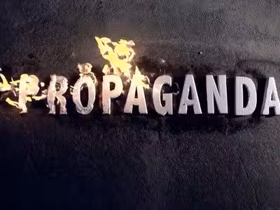 The word Propaganda is displayed in large white letters against a dark background. Flames are emerging from the right side of the word, creating a dramatic, burning effect.