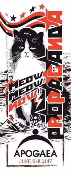 Poster featuring a black and white cat in a Soviet-style propaganda design. Text includes MEOW MEOW NOW! and APOGAEA with event dates June 8-11, 2017, at the bottom. Stars and abstract shapes are included in the background.