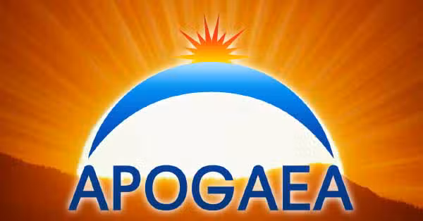 Logo for Apogaea featuring a stylized sun rising over a blue semicircle on an orange background, with the word APOGAEA in bold blue letters below. Capturing the vibrant spirit of a Colorado burner, this design echoes the essence of a Burning Man-inspired art festival.