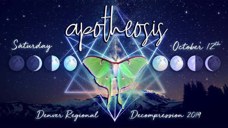 A mystical event poster with apotheosis over a starry sky features a green moth centered on a glowing triangle. Moon phases adorn both sides. Text reads Saturday, October 12th, Denver Regional Decompression 2019. Dive into the Colorado Burner spirit and celebrate Burning Man artistry!.