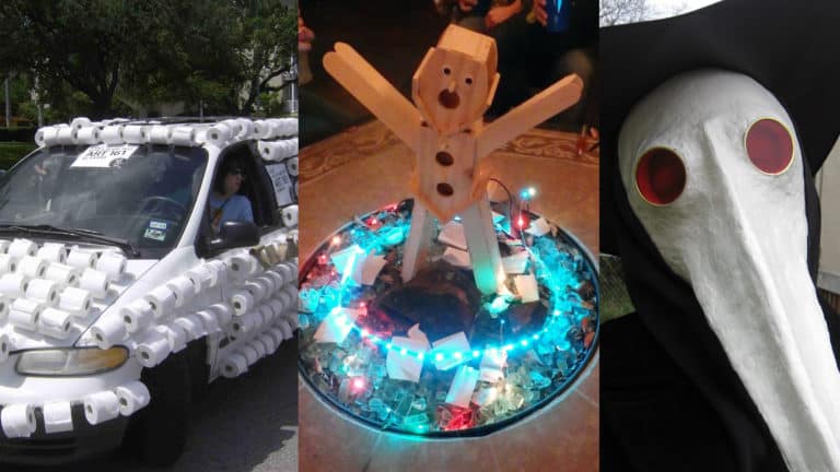 Three distinct images capturing the Colorado Burner spirit: a van draped in toilet paper rolls, a wooden snowman decoration encircled by colorful lights, and a person wearing a large white mask with a beak and red eyes, resembling an artful plague doctor.