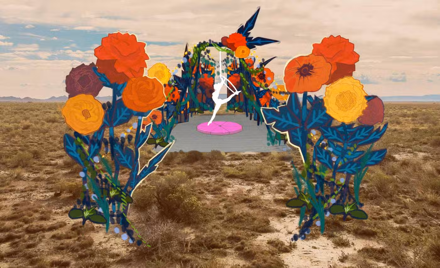A person performs a yoga pose on a pink mat in the desert, framed by an archway of large, colorful flowers. Its a sunny day with partly cloudy skies, reminiscent of a Colorado Burning Man event atmosphere.