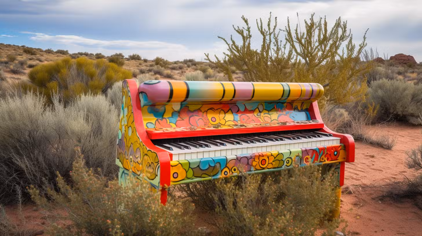 A vibrant, graffiti-painted upright piano sits in a desert landscape, reminiscent of a Colorado Burning Man event, surrounded by shrubs under a partly cloudy sky. The piano showcases colorful floral and abstract designs, capturing the spirit of a Colorado art masterpiece.