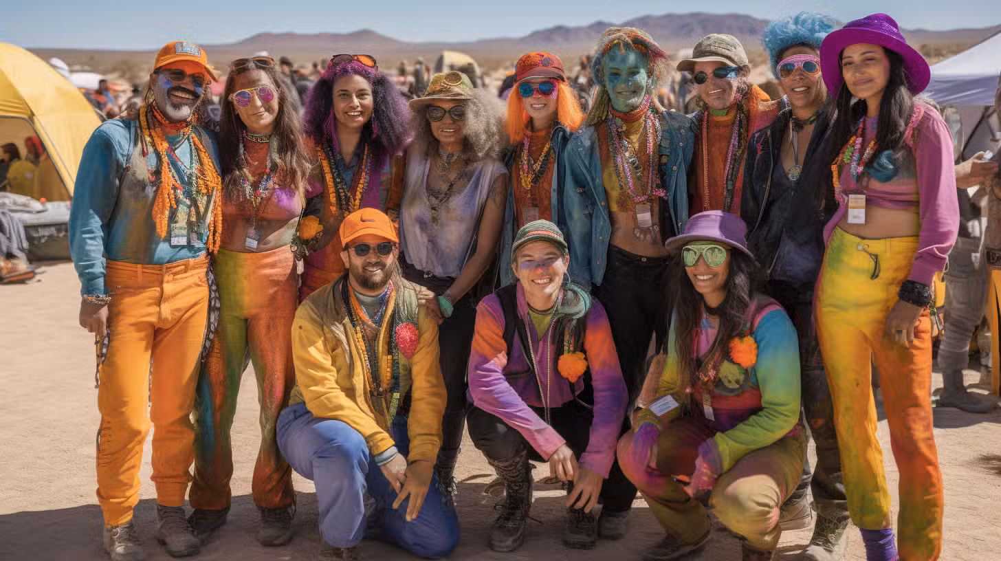 A group of people in colorful clothing and body paint pose together in a sunny desert setting. They are wearing hats, sunglasses, and various accessories. Tents and mountains are visible in the background.