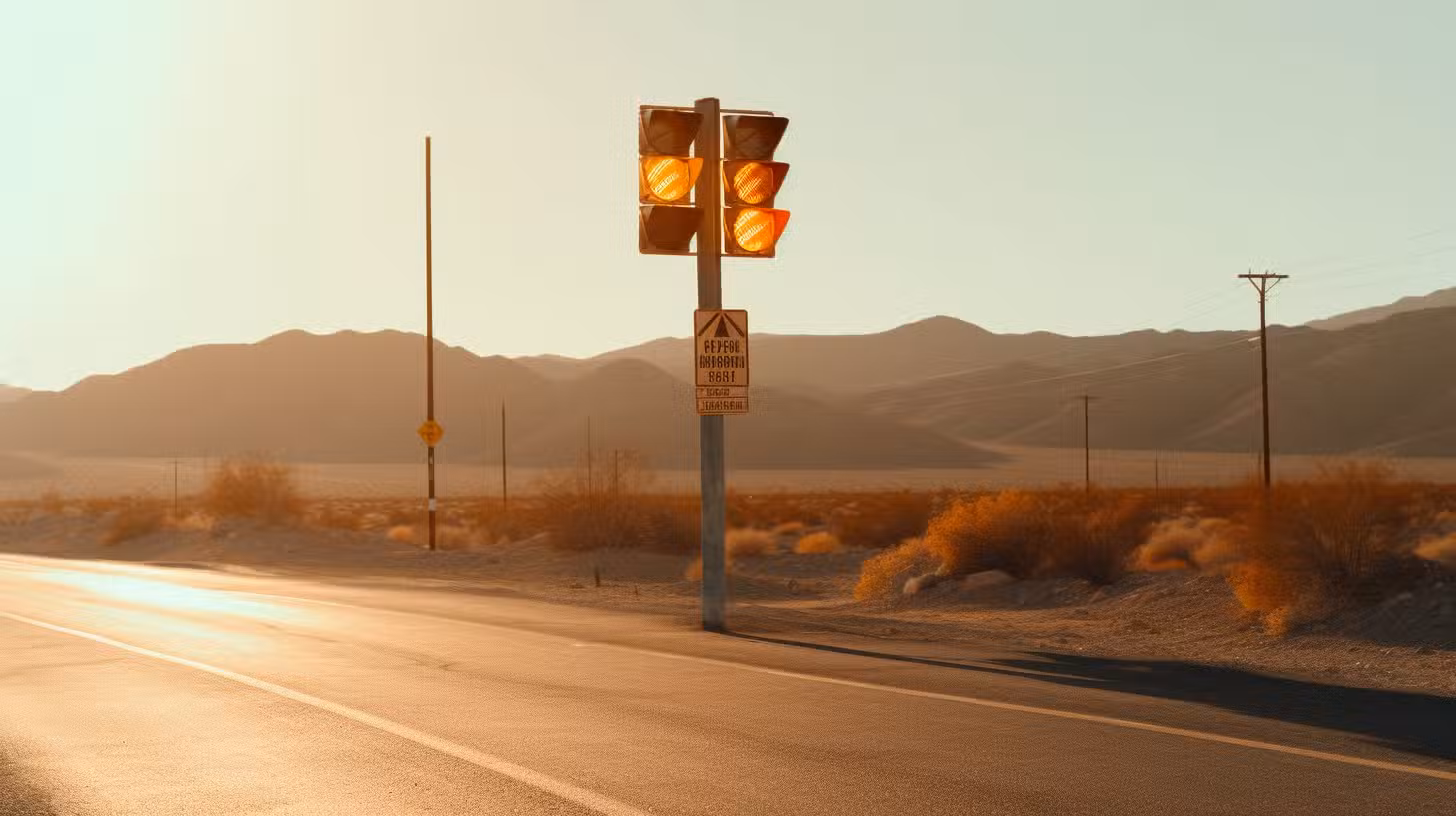 A desert road at sunset with mountains in the background evokes the spirit of a Colorado Burning Man event. A traffic light glows yellow, and a road sign warns of cattle crossing ahead. The landscape, bathed in warm golden light, resembles an expansive art canvas fringed with sparse vegetation.
