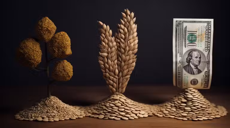A tree made of golden glitter and seeds, wheat stalks, and a US hundred-dollar bill are placed on piles of seeds on a wooden surface against a dark background.