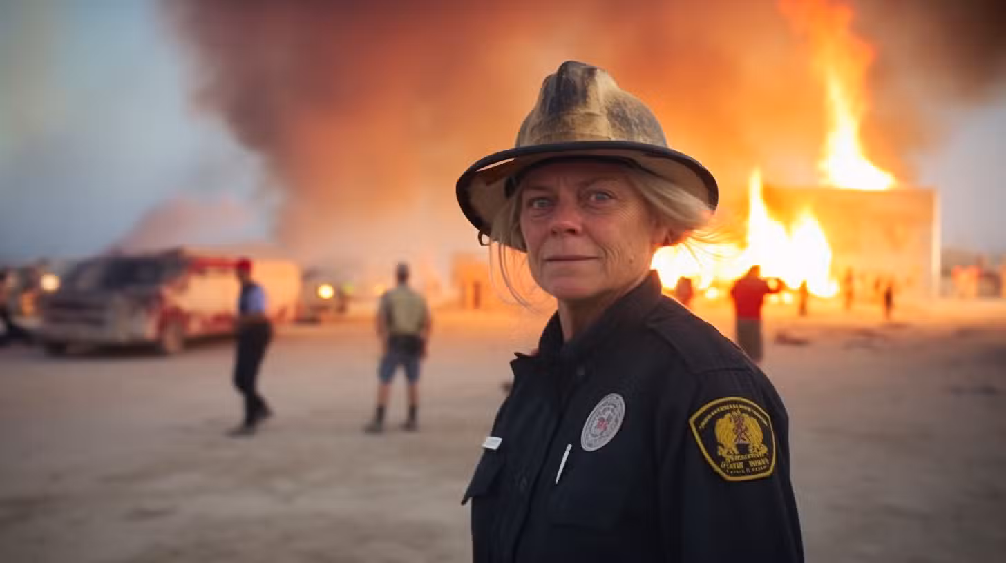 A firefighter stands confidently in the foreground, wearing a helmet and uniform, as a large fire blazes behind her. Nearby, emergency vehicles and personnel handle the situation with precision at what seems like a Colorado burner gathering.