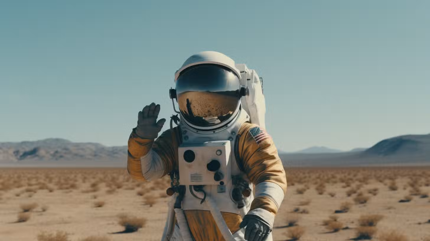 An astronaut in a white space suit waves while standing in a barren desert landscape under a clear blue sky, echoing the spirit of Burning Man. Sparse vegetation and Colorado mountains create a striking backdrop.