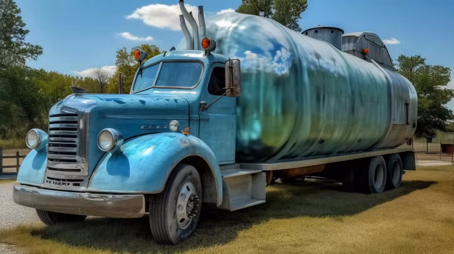 A vintage blue truck with a large, cylindrical airbrushed tank designed to look like sky and clouds sits in a grassy area near trees and a fence. Echoing the spirit of a Colorado Burning Man event, its ethereal scene beautifully complements the clear sky dotted with clouds.