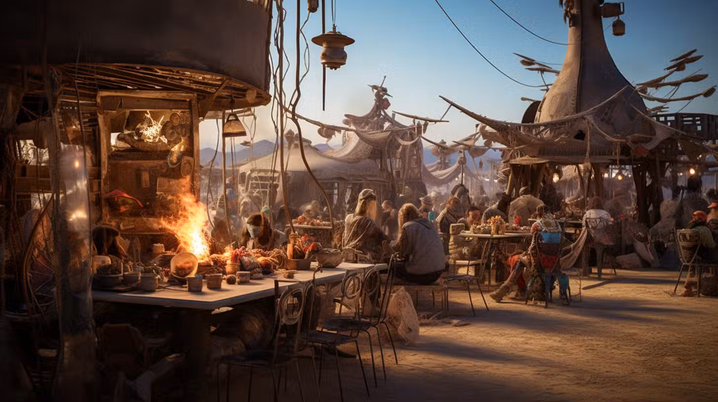 Festivalgoers gather in a desert setting with rustic, artistic shelters and sculptures reminiscent of a Colorado Burning Man event. People sit at tables, enjoying a communal meal. The scene is warm and lively, with dusk light and a sense of community spirit filling the air.