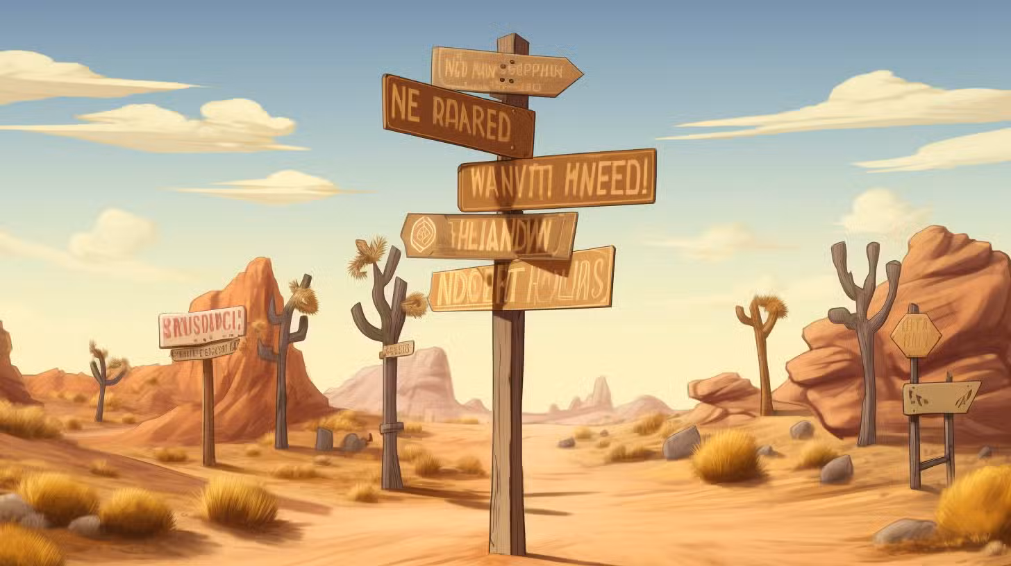 A desert scene with a whimsical signpost displaying jumbled words evokes the spirit of a Colorado Burning Man event. The landscape features cacti, rocks, and sparse vegetation under a clear blue sky with clouds, with other distant, humorous signs partially visible.