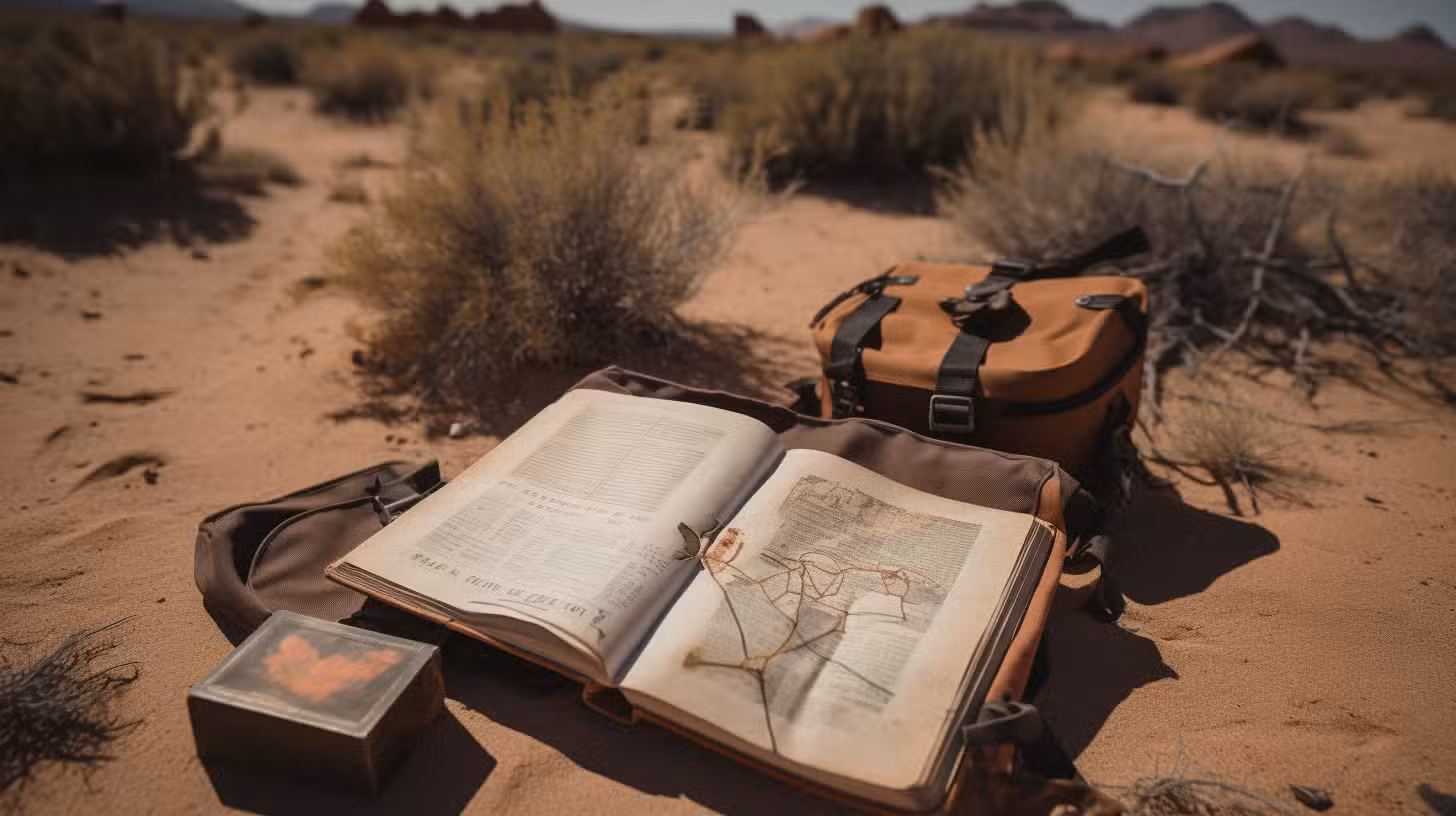 An open book with pages showing a dried leaf and printed text is placed on a backpack in a desert setting, reminiscent of a Colorado Burner journey. Nearby, there is a closed map case. The scene is surrounded by sparse desert vegetation under clear skies.