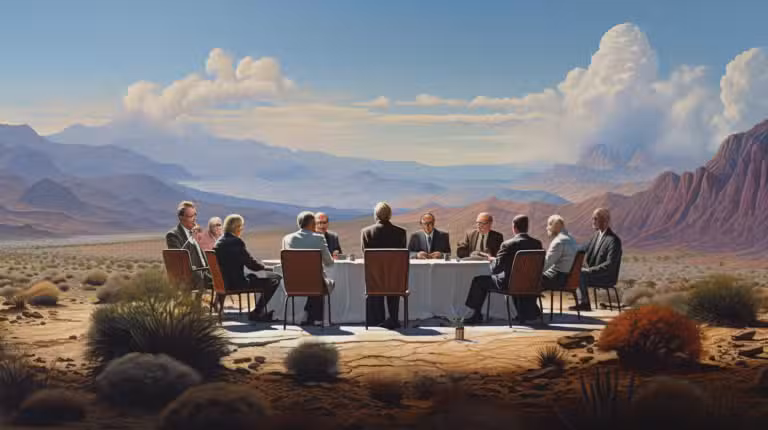 A group of people in suits sits around a table draped with a white cloth in a desert landscape, reminiscent of a Colorado Burning Man event. Mountainous terrain and cloudy skies form the backdrop, creating a surreal outdoor meeting scene.