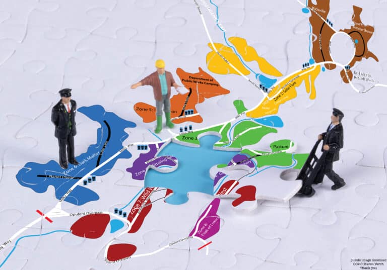 Miniature figures of a pilot, construction worker, and police officer stand on a jigsaw puzzle map resembling a vibrant Colorado art piece. The police officer holds a flashlight, while the pilot navigates blue paths reminiscent of winding trails at Burning Man near a missing piece.