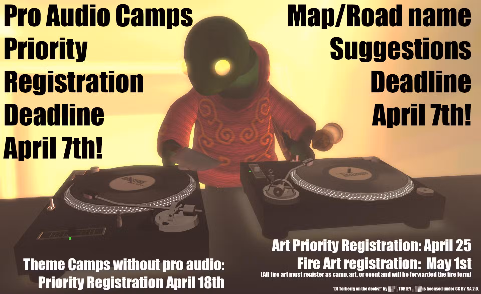 A figure in a green gas mask stands behind a DJ setup with two turntables. Text overlays announce deadlines for various camp registrations and suggestions for an event, with dates in April and May.