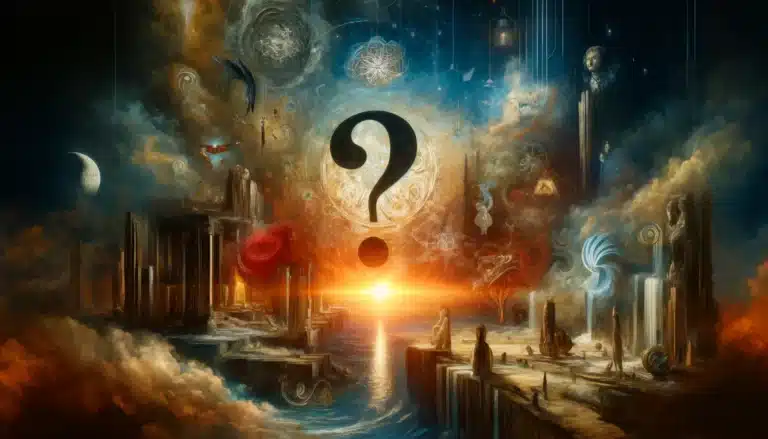 A surreal landscape reminiscent of a Colorado Burner event features a massive question mark at its center. Bathed in the glow of a bright sunset, the scene unfolds with classical ruins, celestial patterns, mystical symbols, and swirling clouds, evoking an atmosphere of mystery and wonder.
