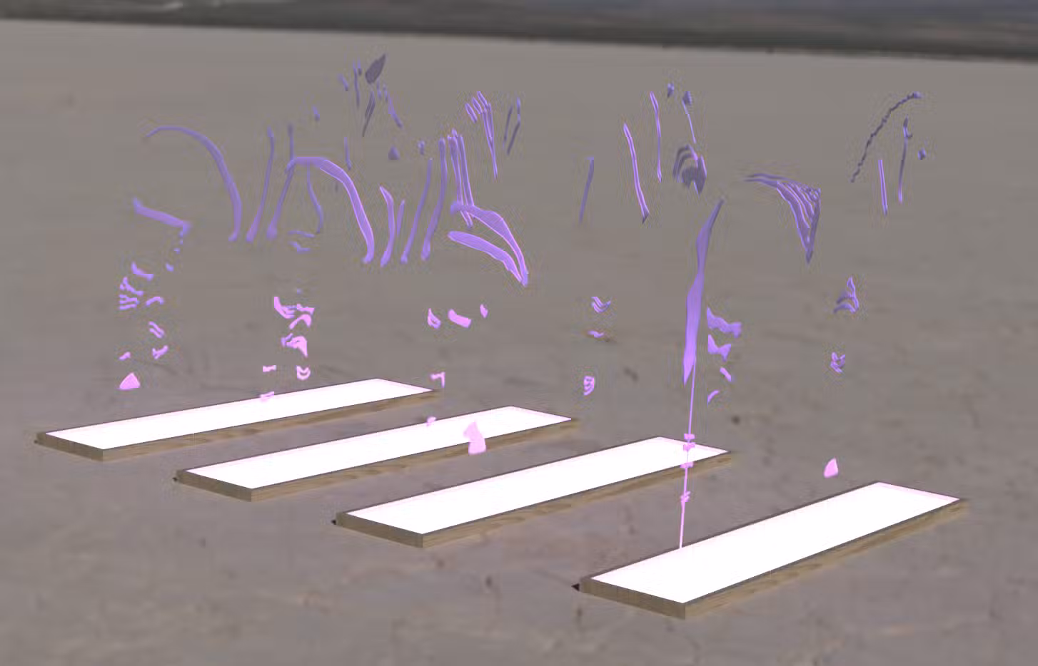 Floating abstract shapes with a reflective pink surface hover above four glowing rectangular platforms on a barren landscape, reminiscent of Colorado Burners visionary art found at Burning Man. The platforms cast a soft light, crafting a surreal, futuristic scene.