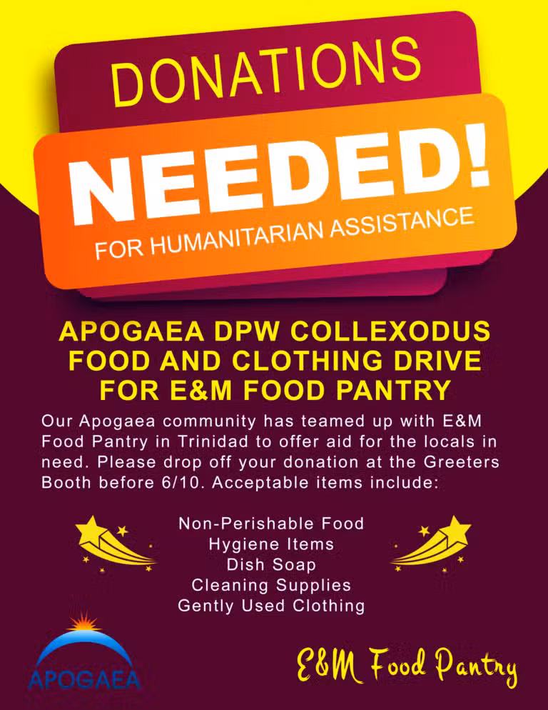 Bright donation flyer titled Donations Needed for Humanitarian Assistance. In partnership with E&M Food Pantry in Trinidad, this Colorado Burner-inspired drive seeks non-perishable food, soap, hygiene items, and gently used clothing. Join the vibrant community effort today!.