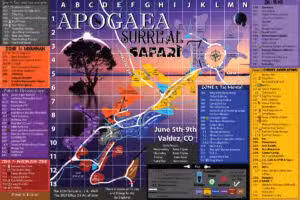 Colorful map of Apogaea Surreal Safari event in Valdez, CO, from June 5-9, showing zones with paths, art installations, and camps. Features a grid layout, camp descriptions on sides, and a compass icon. Background sunset with silhouettes of giraffes and trees.