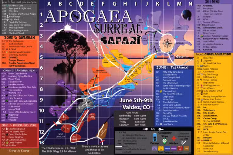 Colorful map of Apogaea Surreal Safari event in Valdez, CO, from June 5-9, showing zones with paths, art installations, and camps. Features a grid layout, camp descriptions on sides, and a compass icon. Background sunset with silhouettes of giraffes and trees.