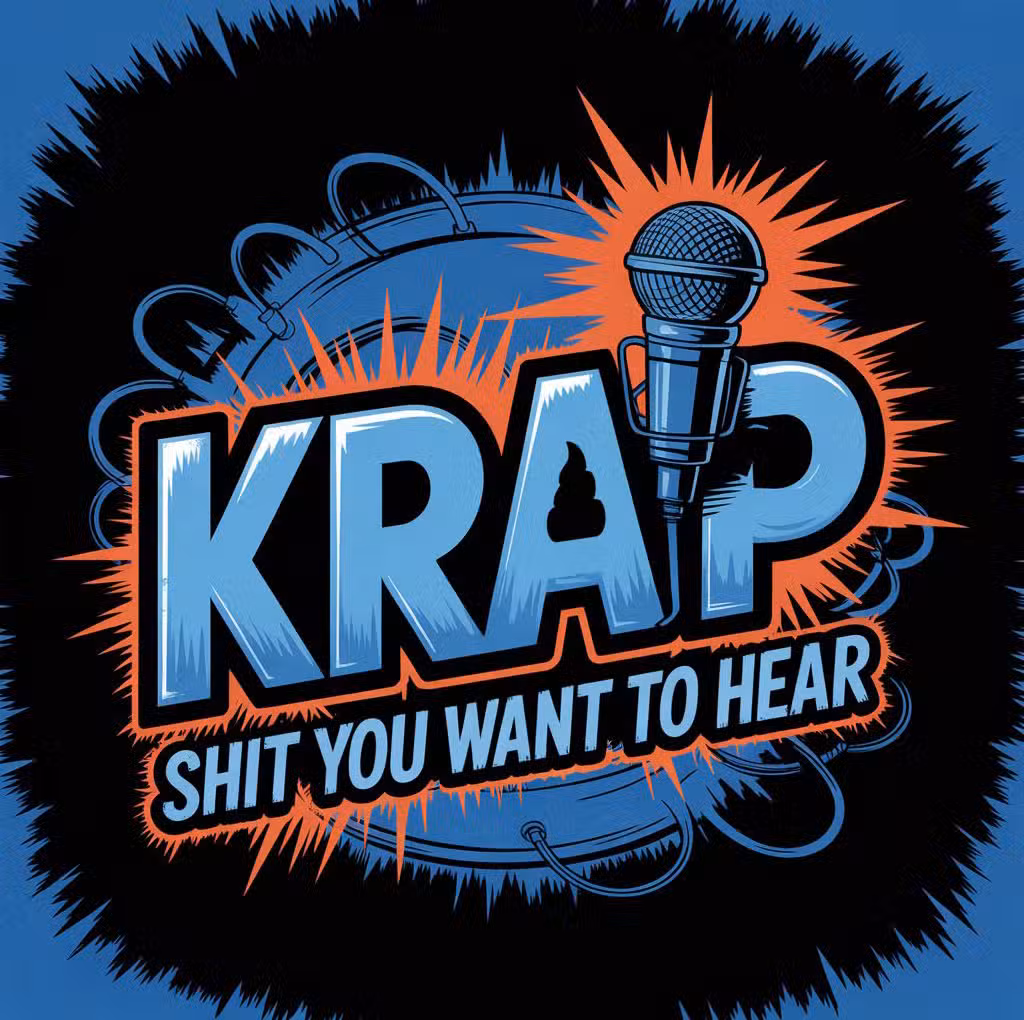 A bold graphic features a microphone and the text “KRAP” in large letters, echoing a rebellious radio station vibe, with “Shit you want to hear” in smaller text set against a colorful, jagged Apogaea-inspired background.