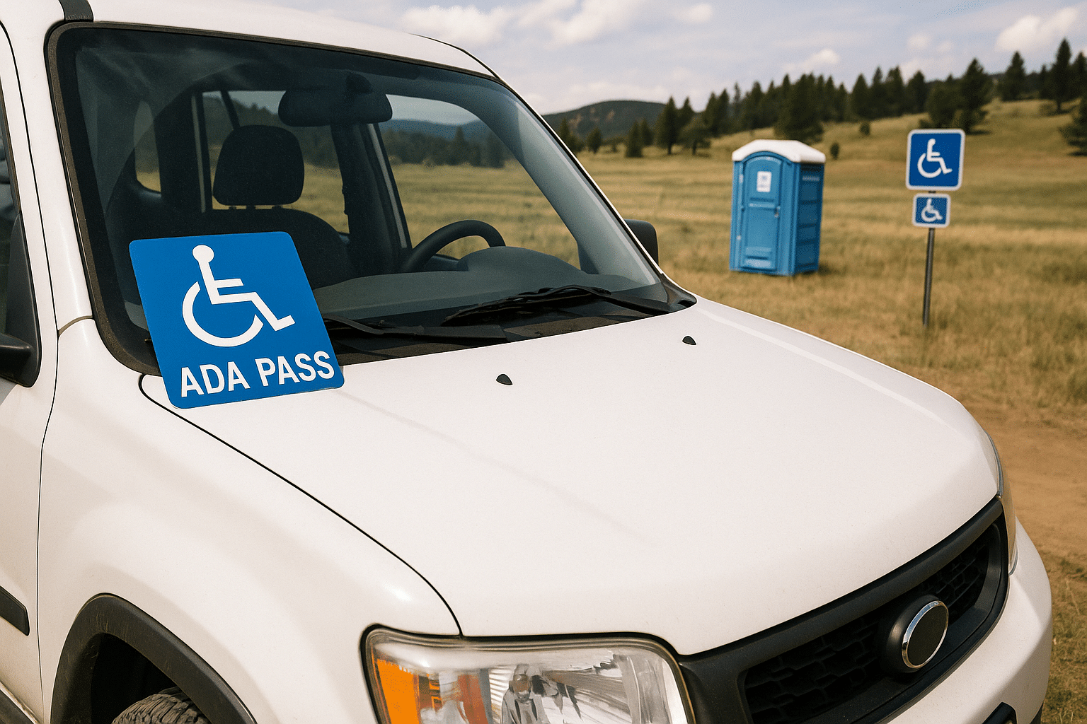 A white SUV with an ADA pass and wheelchair symbol displayed on the dashboard is parked on grass. In the background are a blue accessible portable toilet and two accessible parking signs.