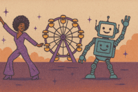 A woman in a sparkly purple jumpsuit dances joyfully next to a smiling robot, with a Ferris wheel and orange clouds in the background. Stars are scattered around them, creating a festive atmosphere.