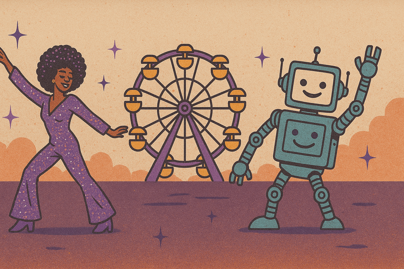 A woman in a sparkly purple jumpsuit dances joyfully next to a smiling robot, with a Ferris wheel and orange clouds in the background. Stars are scattered around them, creating a festive atmosphere.