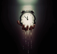 A hand holds a melting alarm clock, with the lower part of the clock dripping like liquid, against a dark background. The clock shows the time as almost midnight.
