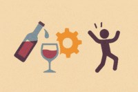 A graphic of a wine bottle pouring into a glass beside an orange gear, with a simplified person icon appearing to dance or move energetically on the right.