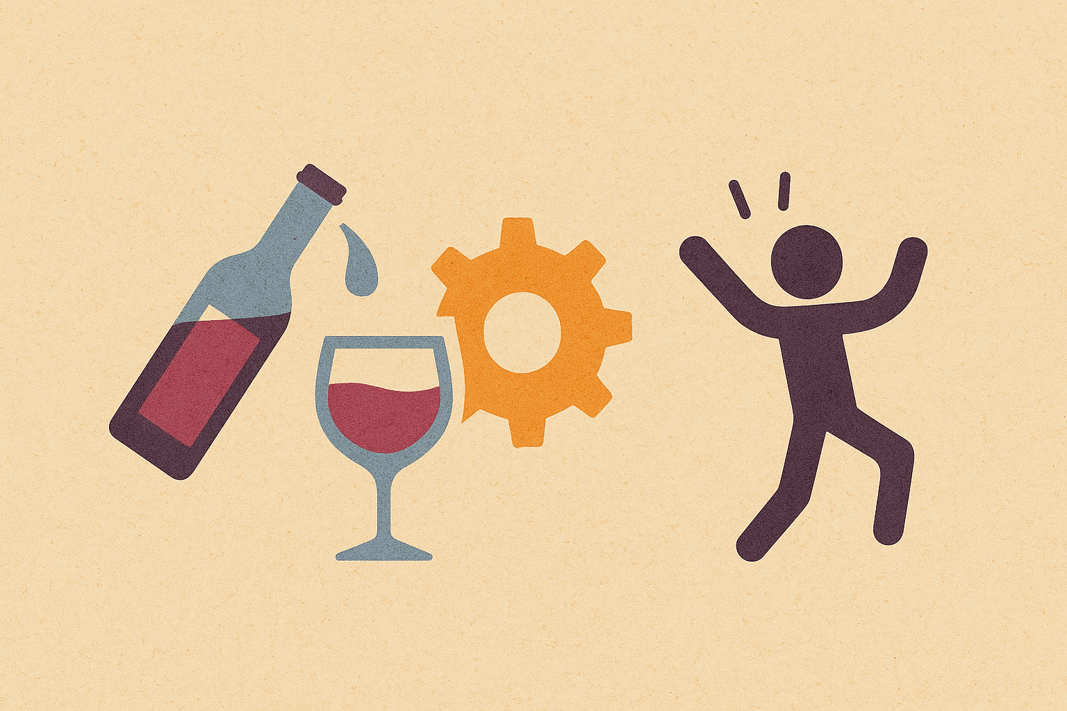 A graphic of a wine bottle pouring into a glass beside an orange gear, with a simplified person icon appearing to dance or move energetically on the right.