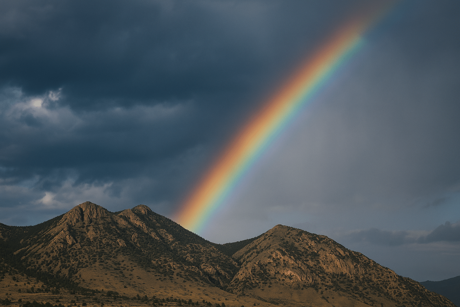 A vivid rainbow arcs across a dark, cloudy sky above rugged, rocky hills and patches of green vegetation.