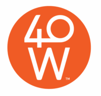 An orange circle features the white text 40W, with the 4 and 0 stacked above the W.