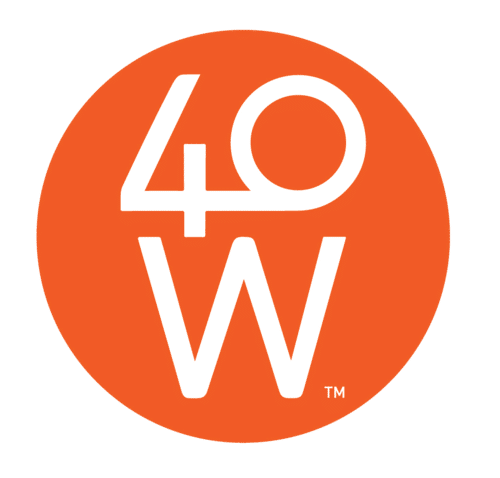 An orange circle features the white text 40W, with the 4 and 0 stacked above the W.