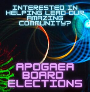 Text on a colorful abstract background reads: “Interested in helping lead our amazing community? Apogaea Board Elections August 28th - September 11th, 2025.” Neon light trails swirl behind the text.