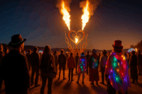 A group of people in colorful, glowing outfits face a large heart-shaped sculpture shooting flames into the night sky at an outdoor festival.