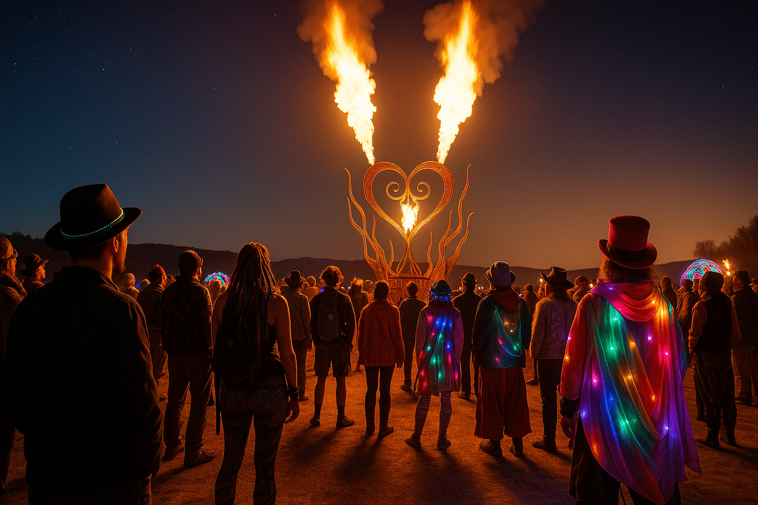 A group of people in colorful, glowing outfits face a large heart-shaped sculpture shooting flames into the night sky at an outdoor festival.