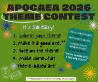 Colorful flyer for Apogaea 2026 Theme Contest with steps: 1. Submit your theme, 2. Make it a good one, 3. Vote, 4. Make theme-based art. Dates and free ticket prize listed; vague hippie themes discouraged.