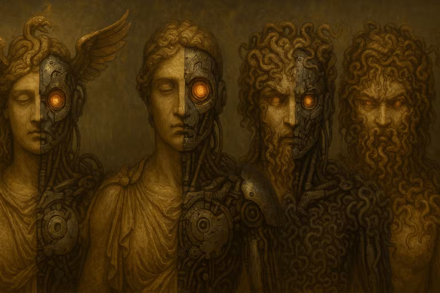 Four figures with classical statue-like faces are depicted; each is half organic and half mechanical, revealing gears and wires. Snakes and wings adorn their heads, blending mythological and robotic elements in a sepia-toned style.