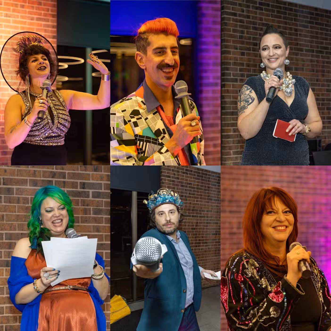 A collage of six people holding microphones, wearing colorful and stylish outfits, smiling and speaking, posed against a brick wall background. Each shows a unique look, including bold accessories, bright hair, and expressive gestures.