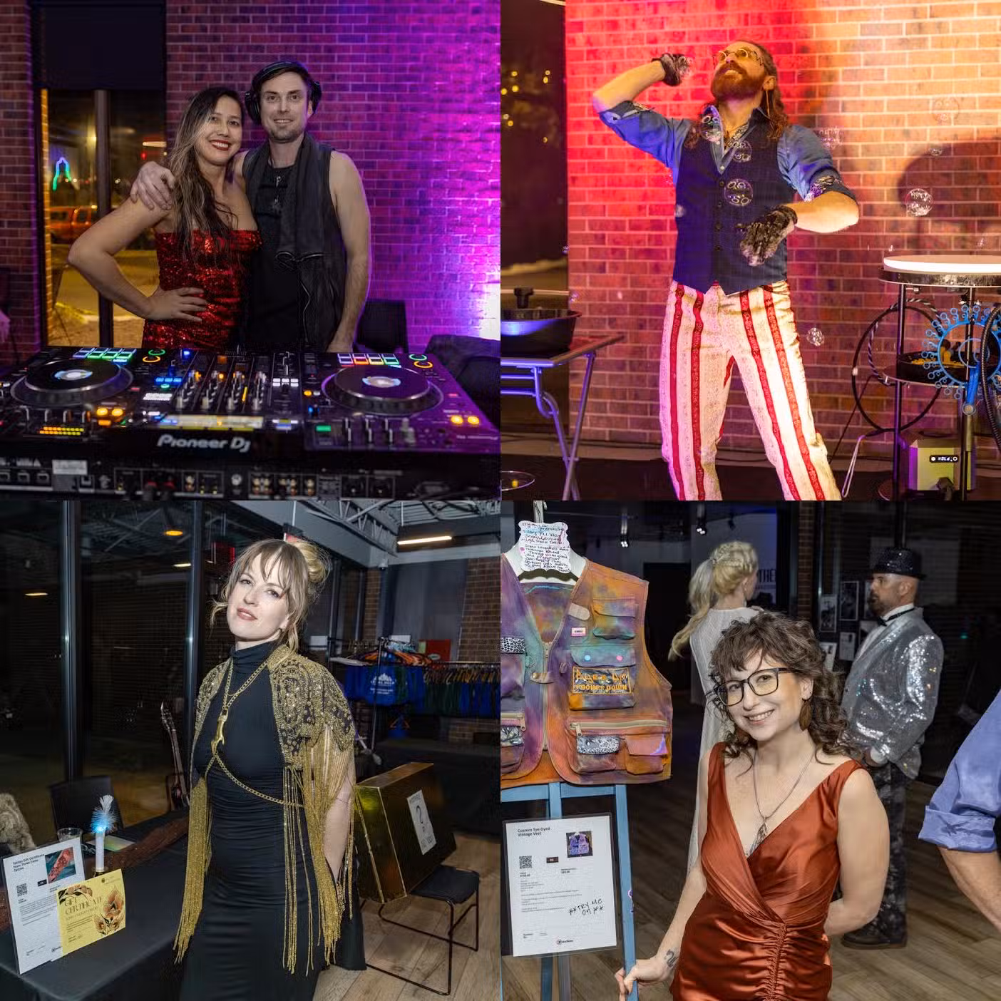 A collage of four photos shows people at a festive indoor event: a DJ duo, a man in striped pants striking a pose, a woman in a black dress and gold shawl, and a woman in a red dress near auction displays.
