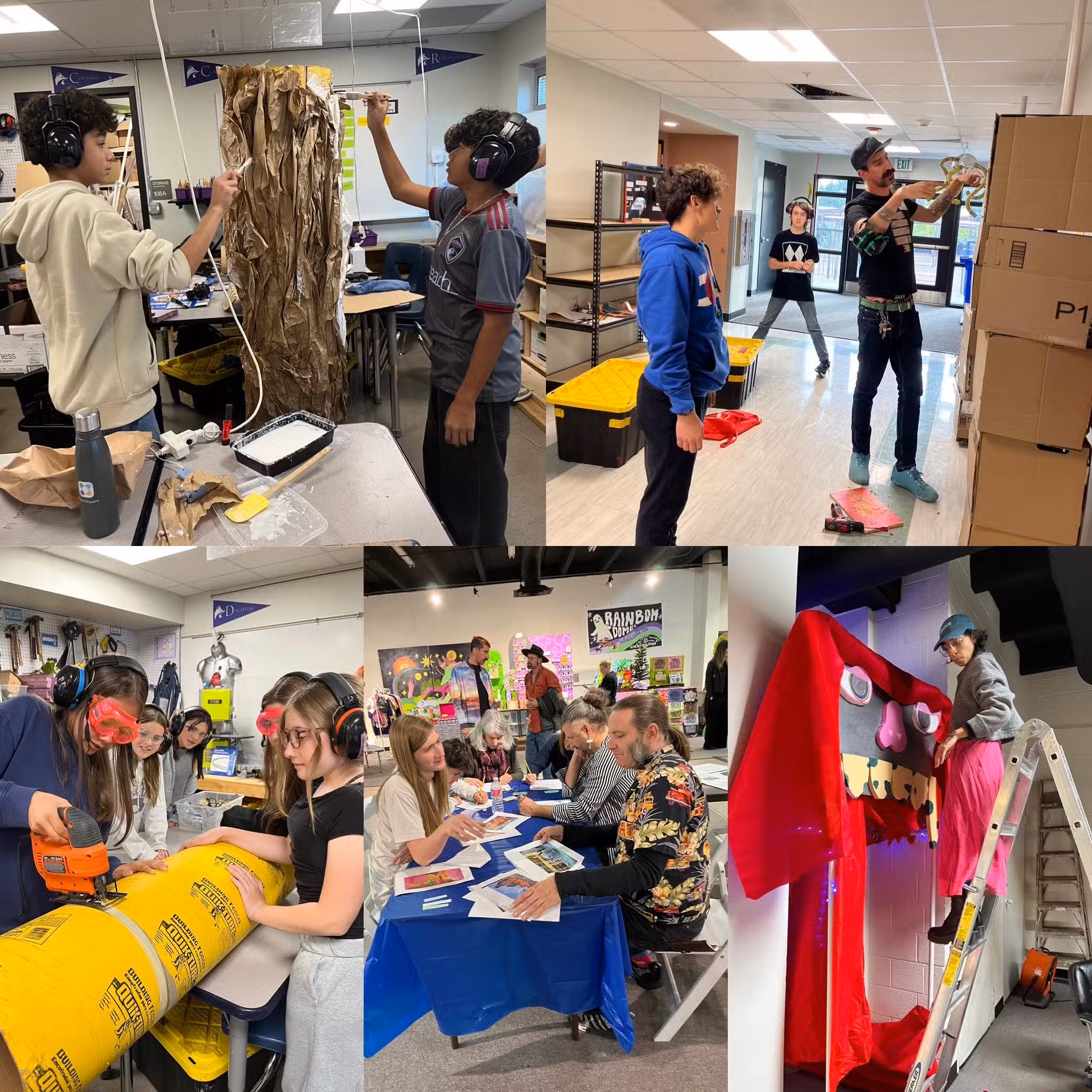 A collage of students working on creative projects: painting, using power tools, assembling cardboard structures, collaborating at tables, and decorating a large red monster figure indoors.