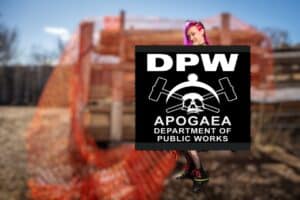 A person with pink hair stands outdoors in front of orange construction netting, holding a large black sign that reads DPW APOGAEA DEPARTMENT OF PUBLIC WORKS with a skull and crossed hammers graphic.