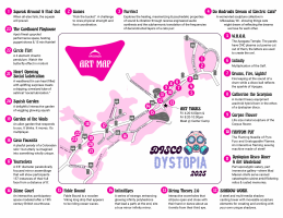 Colorful illustrated event map for Disco Dystopia 2025 showing 22 numbered locations, event names, and descriptions with winding paths, icons, and an art map legend on a pastel background.