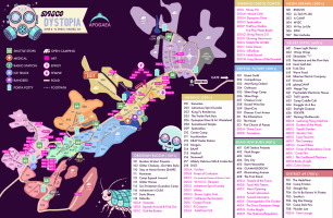 Colorful festival map for Disco Dystopia at Apogaea 2025, showing zones, event locations, icons for services, and a legend listing camps and art installations by area with vibrant, playful graphics.