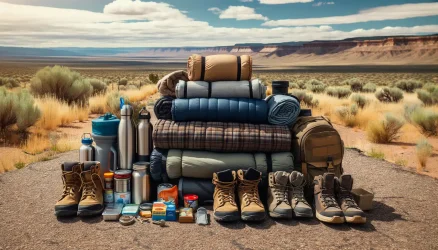Camping gear arranged in the desert, reminiscent of a Colorado Burners setup, includes sleeping bags, hiking boots, backpacks, water bottles, thermos, and canned food. The vast landscape features shrubs, cliffs, and a blue sky with clouds.