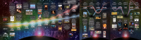 A colorful timeline of various events from 2023 to 2103, featuring images and text on a cosmic background. The timeline curves across the space-themed backdrop, highlighting significant moments with visual elements.